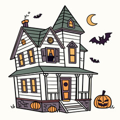 Cartoon illustration of a spooky haunted house for Halloween