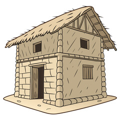 Cartoon Illustration of a Simple Stone and Straw Hut
