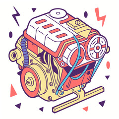 Cartoon Internal Combustion Engine Illustration Keywords: engine, motor, car, automobile