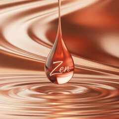 A clear drop with the word Zen inscribed falling into rippling liquid with a flowing abstract background