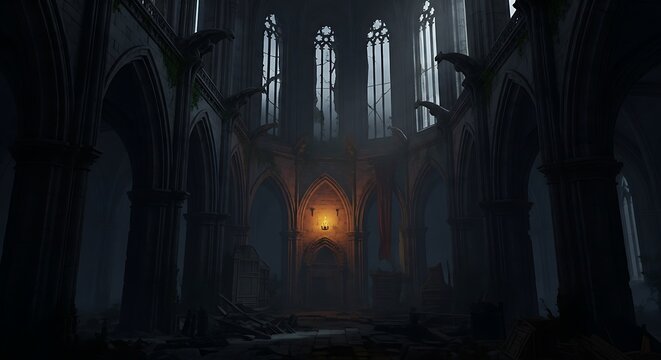An eerie and atmospheric gothic cathedral interior, shrouded in darkness, evokes a sense of mystery, history, and the sublime, with its towering arches - Powered by Adobe