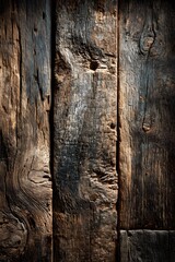 Obraz premium Detailed, top-down photograph of weathered, vertical wooden planks. It showcases the deep grain, knots, and texture in varying shades of brown/grey.