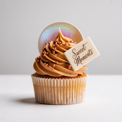 A single caramel cupcake adorned with frosting edible pearls and a decorative topper