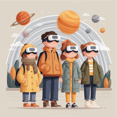 A children in virtual reality glasses are looking at space, the solar system with planets