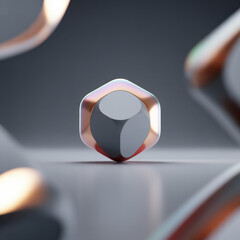 A metallic hexagonal prism with iridescent edges rests on a reflective surface abstract