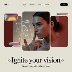Woman interacting with futuristic holographic interface displaying data conceptual technology