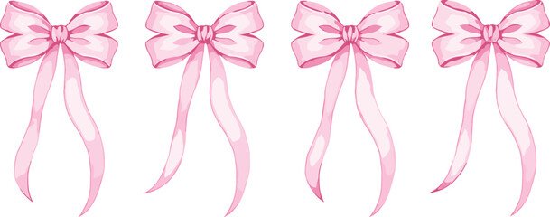 Pink bows illustration set, decorative ribbon design, fashion accessory artwork, elegant looped bows, minimal style, white background, graphic element