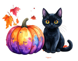 watercolor halloween cat and pumpkin 