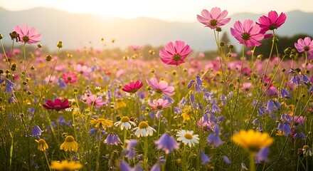 Fototapeta premium Scenic view of a vibrant flower field at sunset, featuring cosmos and wildflowers in full bloom, bathed in warm, golden light, creating a serene atmosphere