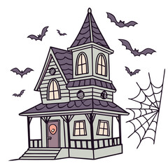 Creepy Haunted House with Bats and Spiderweb Keywords: haunted house, halloween, spooky, bats