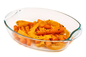 Roasted Carrots with Herbs in Glass Dish, isolated on white background