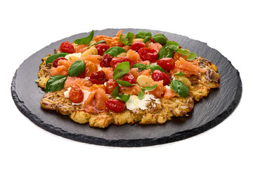 Potato Pizza with Salmon, Tomatoes, Basil, isolated on white background