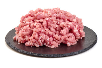 Ground Pork on Black Slate, isolated on white background