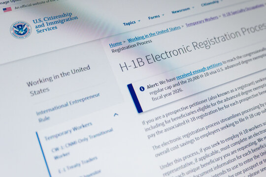 Riga, Latvia &ndash; September 29, 2025. USCIS H-1B Electronic Registration Process Page Displayed on Official Website