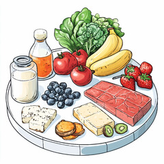 fruit and vegetables. A set of products for preparing a healthy breakfast. Proper nutrition. Vector illustration.