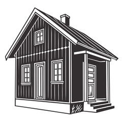 Detailed black and white illustration of a small wooden house