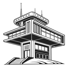Obraz premium Elevated futuristic building with panoramic windows and antennas