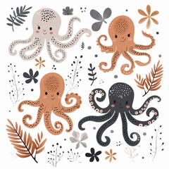 sea animals set. Set of octopus drawings, children's vector, cute illustrations