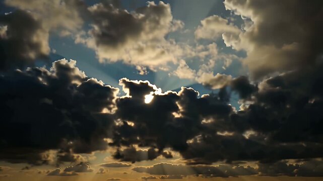 Dramatic Sky with Sunlight Breaking Through Dark Clouds at Sunset or Sunrise