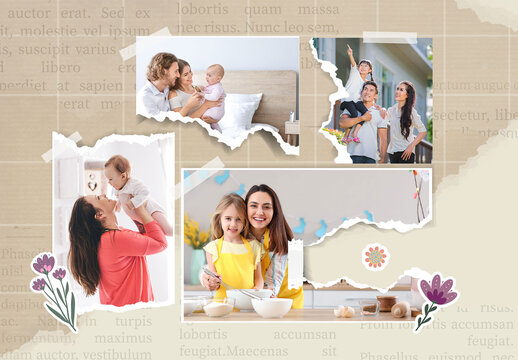 Photo Mood Board Collage Mockup with Torn Paper Scrapbook Style