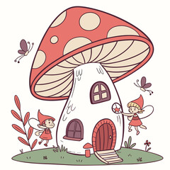 Fairy mushroom house with fairies and butterflies fairytale