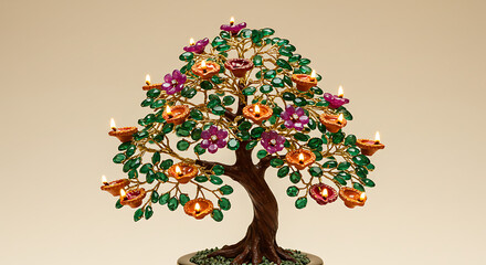 Decorative Gemstone Bonsai Tree Adorned with Small Lit Oil Lamps or Diyas Spiritual Home Decor Featuring Green Leaves and Purple Flowers Traditional Indian Diwali Celebration Concept Symbolizing Prosp
