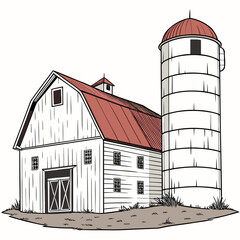 Farm barn and silo with red roof and detailed windows