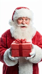 A jolly Santa Claus, exuding warmth and merriment, holds a beautifully wrapped gift, embodying the spirit of giving and the joy of the holiday season. 
