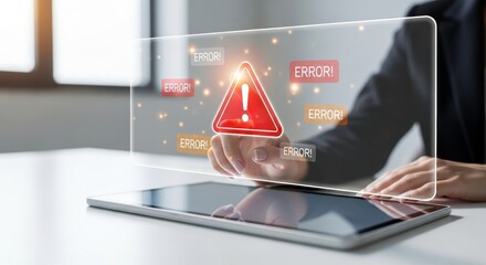Digital Alert - Businessman Interacting with Holographic Warning Sign on Tablet.
