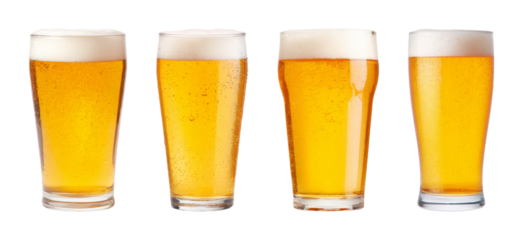Four refreshing glasses of golden beer with frothy heads and condensation on glass, perfect for advertising and menus PNG set Transparent background