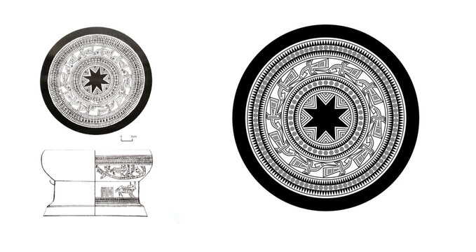 Ancient Vietnamese Dong Son Drum Illustration with Star and Bird Motifs