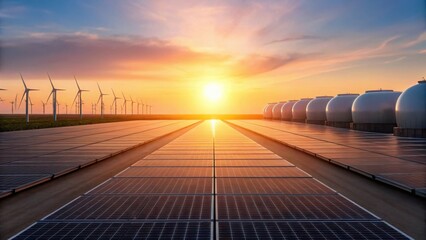 Expansive Solar Panels with Wind Turbines Against Sunset Landscape