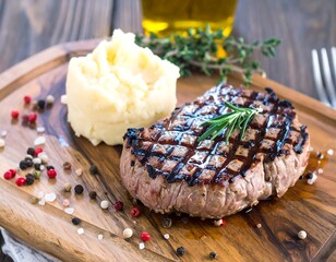 Grilled steak with mashed potatoes on a wooden board