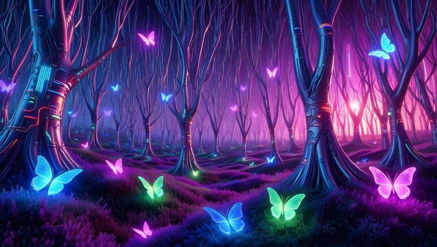 Neon Dreams Fluttering Butterflies in a Cyberpunk Forest with Bioluminescent Flora and Glowing Trees a Vision of Technological Nature