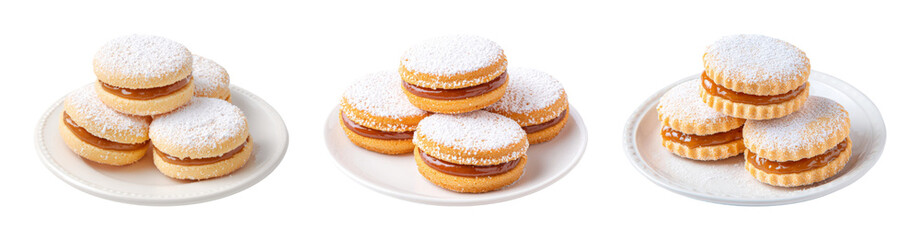 Delicious Alfajores Cookies with Dulce de Leche and Powdered Sugar on White Plates, Studio Shot PNG set Transparent background