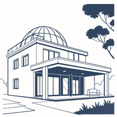 Modern House Architectural Line Drawing With Dome Keywords: modern house, architectural drawing