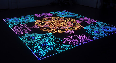 Vibrant UV Reactive Neon Rangoli Pattern for Diwali Festival Glow in the Dark Floor Decoration Featuring Peacock Feather and Lotus Motifs Traditional Indian Art with Modern Fluorescent Colors Luminesc