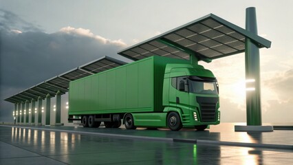 Green Truck at Solar Powered Charging Station in Futuristic Setting