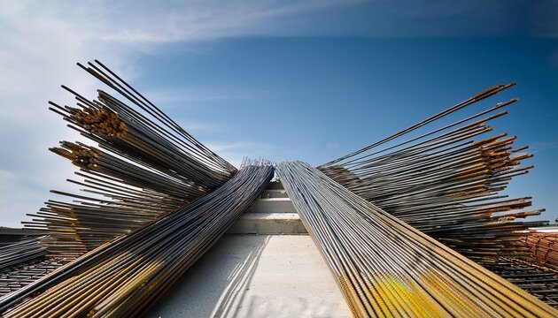 steel tmt bars of concrete beam exposed on the roof for column construction later