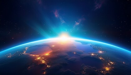 stunning sunrise over earth planet global view space background sky blue dark world scene light image