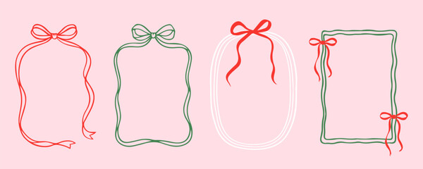 Christmas artistic frames with bow and ribbon in trendy retro hand drawn doodle style for design and decoration of card, poster, banner and invitation. New Year holiday frame design vector collection.