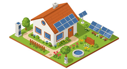 Sustainable home with solar panels and garden in isometric design