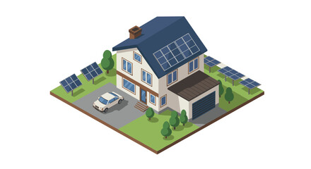 Isometric sustainable home with solar panels: eco-friendly living concept