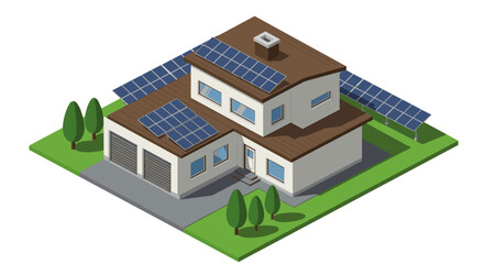 Modern residential home with solar panels in isometric design