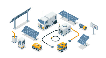 Obraz premium Isometric renewable energy elements: solar panels, utility vehicles, and charging stations