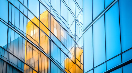 Fototapeta premium Architectural reflections on the glass facade of a modern office building.
