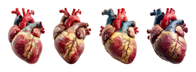 Realistic human heart models displayed in a row on black background, with vibrant red and blue vessels, perfect for medical, science, or health-related PNG set Transparent backround