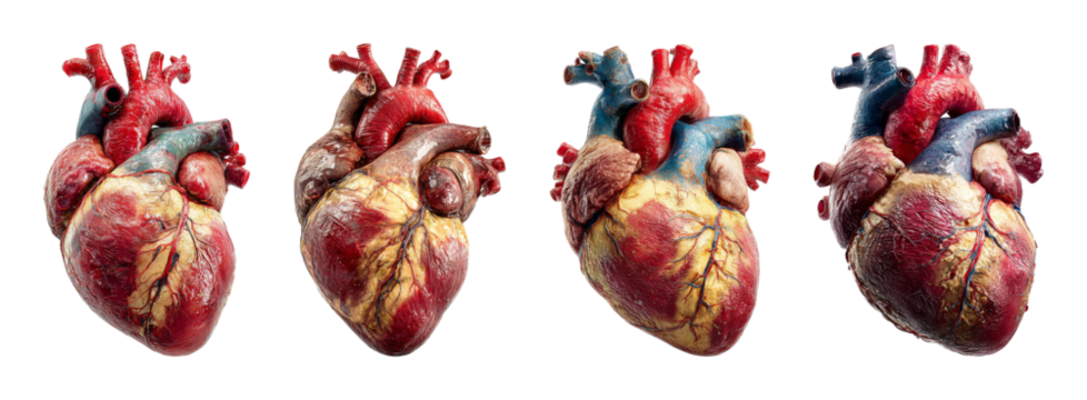 Realistic human heart models displayed in a row on black background, with vibrant red and blue vessels, perfect for medical, science, or health-related PNG set Transparent backround - Powered by Adobe