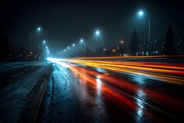 Long-exposure night photograph of a wet asphalt road, capturing vibrant red and blue light trails from cars, with streetlights reflecting on the surface.