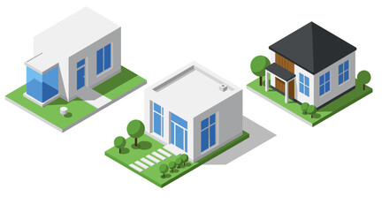 Isometric modern house designs with green landscapes